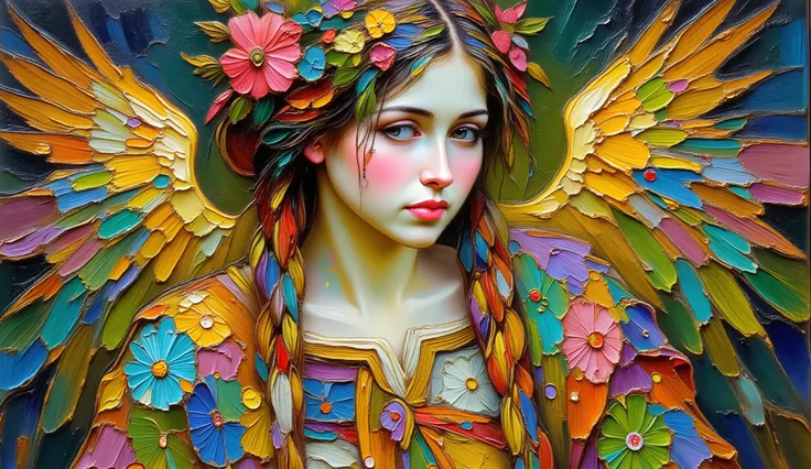 a painting of a woman with a colorful dress and a flower crown, psychedelic goddess, colorful art nouveau, psychedelic art nouveau, intricate beautiful painting, mucha klimt, in an art nouveau style, in art nouveau style, gustav klimt style, style of gusta...
