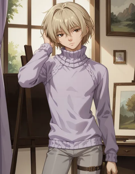 score_9, score_8_up, score_7_up, source_anime, 1boy, slim, bishounen, hand in head, male focus, solo, sensisono, light blonde hair, brown eyes, hair between eyes, short hair, bangs, lilac sweater, turtleneck, shirt, long sleeves, grey pants, closed mouth, ...