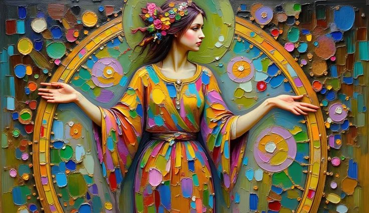 a painting of a woman with a colorful dress and a flower crown, psychedelic goddess, colorful art nouveau, psychedelic art nouveau, intricate beautiful painting, mucha klimt, in an art nouveau style, in art nouveau style, gustav klimt style, style of gusta...