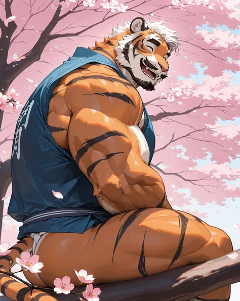 solo, muscular man wearing kimono sitting looking cherry blossoms fall, side view, huge tree in backgrond, fundoshi, beard, mustache, old, in under Cherry Blossom tree, Cherry Blossom flower, (foreground cherry blossoms fall), smile, happy, windy, furry ti...
