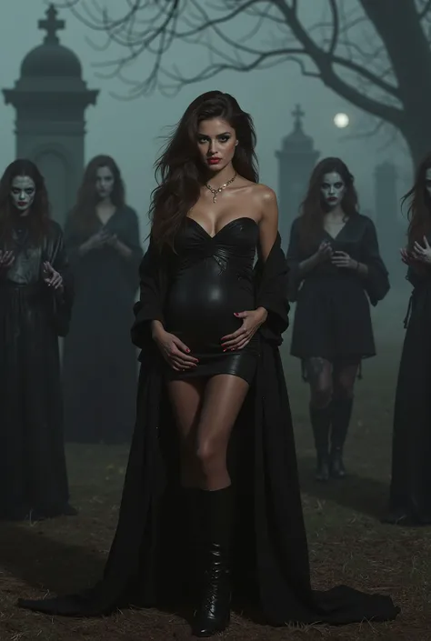  hexe taylor marie hill, wears sexy black dress, makeup, eyeliner, eyeshadow, red lips, sexy, surrounded by female zombies, friedhof, nachts, detailed facial features,  threatening posture, photorealistic, high resolution, ultra-detailed, dramatic lighting...