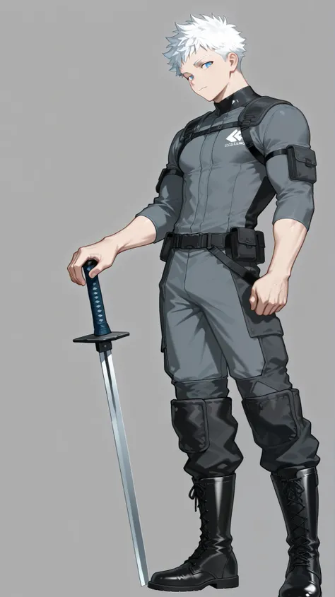 Handsome man, tall and lean , very short hair, white hair, blue eyes, muscular , his skin is pale , 

Wearing a black and gray outfit , he’s wearing black boots , he has a sword.
