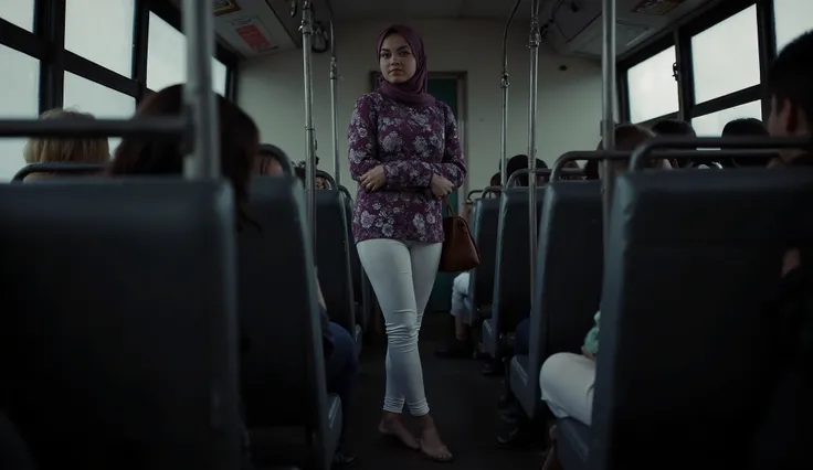 (Neutral dim lighting, empty bus interior, eerie muted tones.)
AMJ—a 31-year-old Malay woman with brown skin, an A-triangle face, striking narrow upturned eyes, a Nubian nose, a round chin, high cheekbones, and wide thin lips with a mole under her right li...