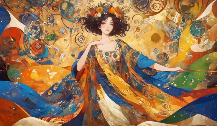 a painting of a woman with a colorful dress and a flower crown, psychedelic goddess, colorful art nouveau, psychedelic art nouveau, intricate beautiful painting, mucha klimt, in an art nouveau style, in art nouveau style, gustav klimt style, style of gusta...