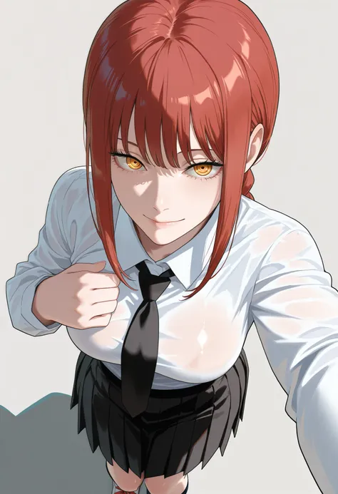 masterpiece, best quality, amazing quality, 1girl, (Makima , Chainsaw man, yellow eyes, red hair), wearing School uniform, Pleasure Face, medium up shot, simple background, medium size , golden ratio face, sexy pose, Pinkish skin tone, smooth and soft ski...