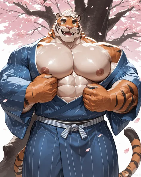 solo, massive muscular man wearing kimono, huge tree in backgrond, in under Cherry Blossom tree, Cherry Blossom flower, cherry blossoms fall, smile, happy, windy, furry tiger, orange furr, standing, touch Cherry Blossom, (massive muscular, giga, bara, big ...