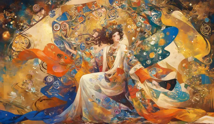 a painting of a woman with a colorful dress and a flower crown, psychedelic goddess, colorful art nouveau, psychedelic art nouveau, intricate beautiful painting, mucha klimt, in an art nouveau style, in art nouveau style, gustav klimt style, style of gusta...