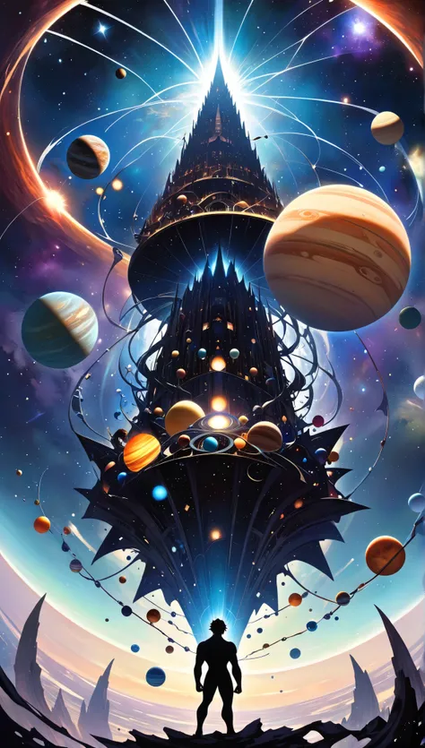 (Create a silhouette of a man standing staring at the viewer head tilted, his hair looks like it stands up going miles touching several planets in his solar system.) ((Use this description below))
The Towerman's Celestial Web:
The solar system known as ...