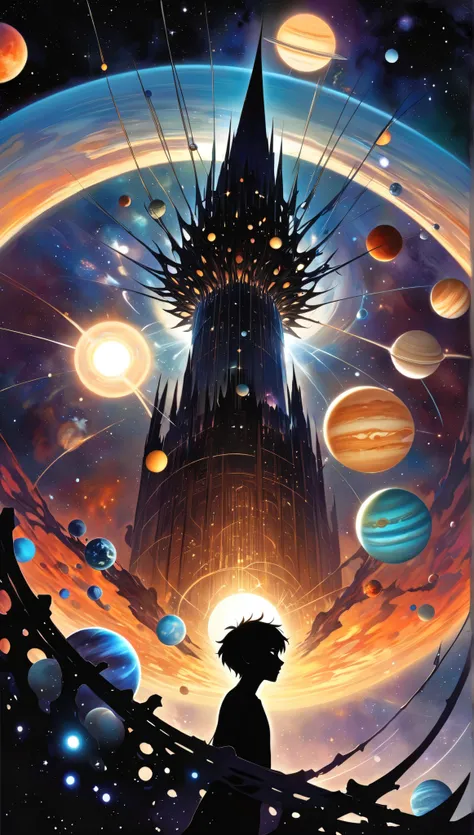 (Create a silhouette of a man standing staring at the viewer head tilted, his hair looks like it stands up going miles touching several planets in his solar system.) ((Use this description below))
The Towerman's Celestial Web:
The solar system known as ...