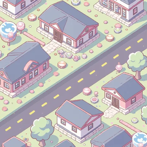 (ISOMETRY, top view), game location, city street, is a wide diagonal road, simple prefabricated houses, cute, Miniature squares, clarity and high quality