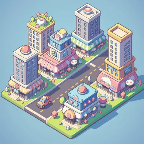 (ISOMETRY, top view), game location, city street, is a wide diagonal road, icon for mobile game, cute, Miniature squares, clarity and high quality