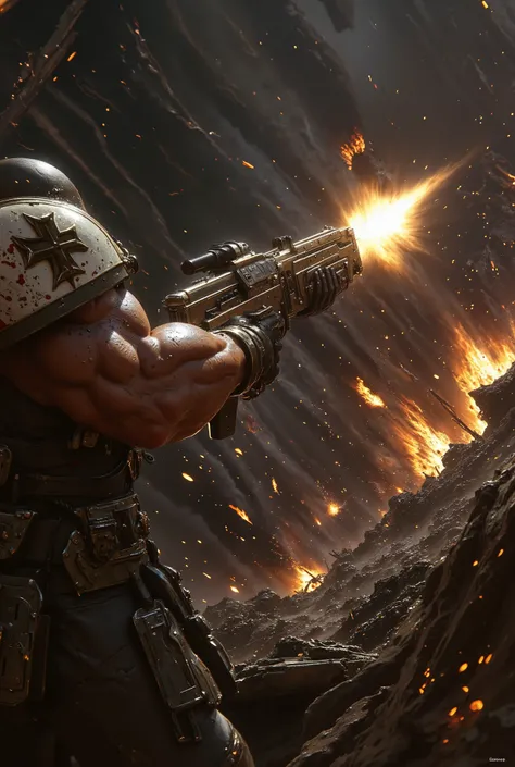 machine gun,bullet casings,bouncing off the ground,high temperature,Arm,Ammo,rifle,Fire,hot,action,realistic,Detailed,4k,hdr,UHD,studio lighting,ultra-fine painting,physically-based rendering,extreme detail,professional,vibrant colors,bokeh,Landscape, dest...