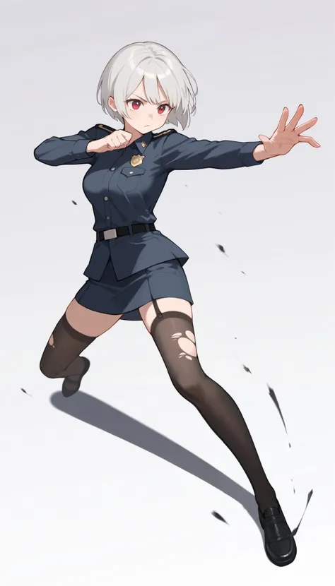 score_9, score_8_up, score_7_up, score_6_up, ((masterpiece)), (best quality), 1girl, solo, Simple background, temptation, delicate face, Battle Pose , Thomas slalom kick, full body, silver short hair, long sideburn, red delicate eyes, Disdainful Eyes, Bl...
