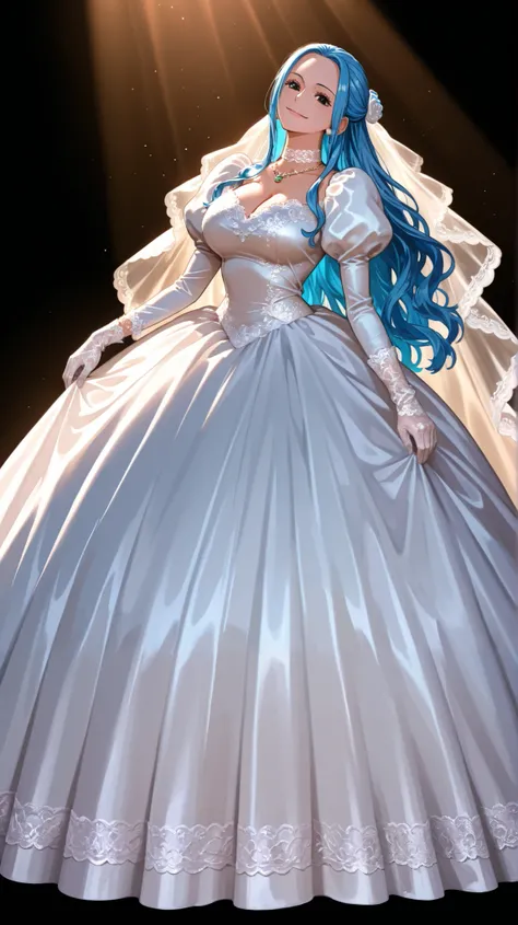 masterpiece, high score, great score, absurdres, beautiful woman, Nefertari Vivi, one piece, blue hair, long hair, beautiful black eyes, looking at viewer, smile, ;), wedding dress, lace trim, choker, necklace, full body Saree dress, lace gloves, juliet sl...