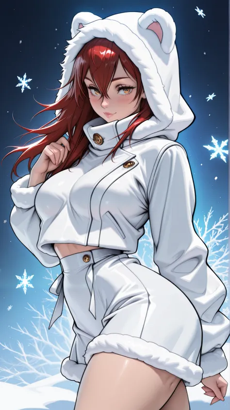 (TangoBat:0.7),(Sakimichan:0.7), 1 woman , adult , Jujutsu Kaisen , golden eyes , long hair , (red hair) , (medium breasts:0 . 8) , petite , very cute , beautiful , solo , a soft, fluffy white winter jacket with hood, set against a light-blue background sc...
