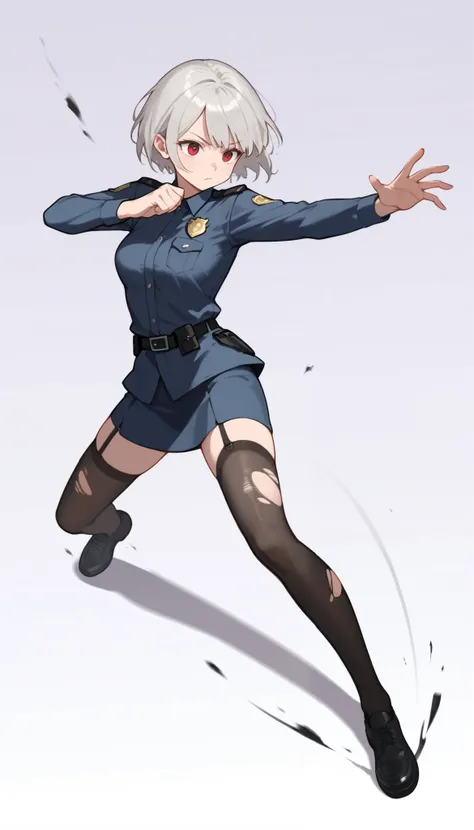 score_9, score_8_up, score_7_up, score_6_up, ((masterpiece)), (best quality), 1girl, solo, Simple background, temptation, delicate face, Battle Pose , Thomas slalom kick, full body, silver short hair, long sideburn, red delicate eyes, Disdainful Eyes, Bl...