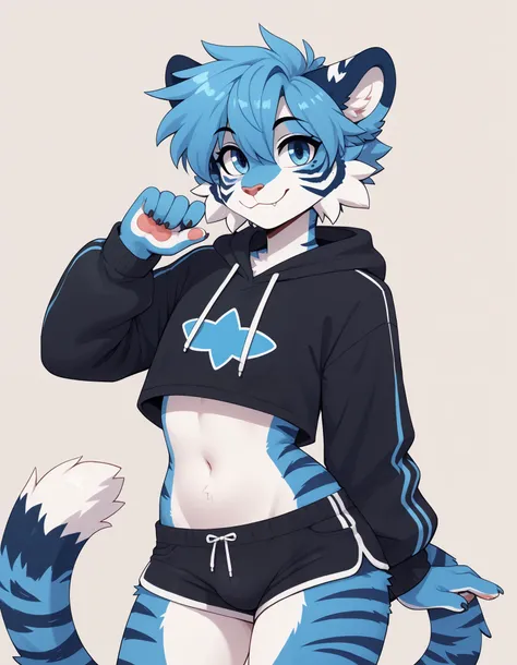 (Masterpiece) (High Detail) (High Res) A very short, slim, curvy and cute tiger Male with blue fur and fluffy blue tiger patterned fur and bright blue eyes and curvy effeminate shape and a thick fluffy stripy tiger tail and a flat chest and is wearing a cr...