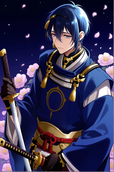 score_9,score_8_up,score_7_up,source_anime,1boy,male focus,mikazuki munechika,japanese clothes,blue eyes,solo,blue hair,gloves,black gloves,sword,petals,katana,flower,,