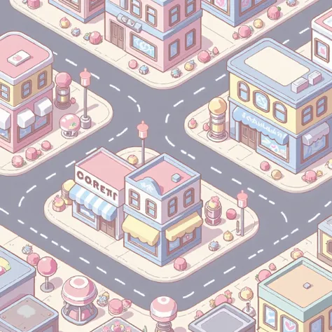 (ISOMETRY, top view), game location, city street, is a wide diagonal road, cute, Miniature squares, clarity and high quality