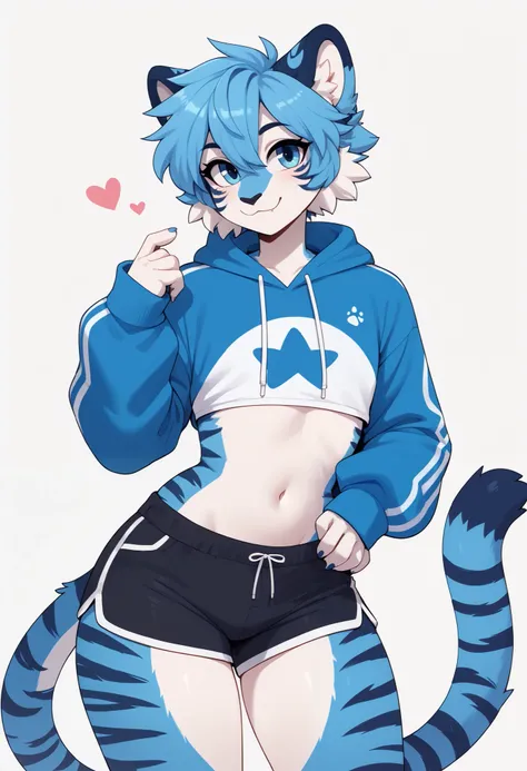 (Masterpiece) (High Detail) (High Res) A very short, slim, curvy and cute tiger Male with blue fur and fluffy blue tiger patterned fur and bright blue eyes and curvy effeminate shape and a thick fluffy stripy tiger tail and a flat chest and is wearing a cr...