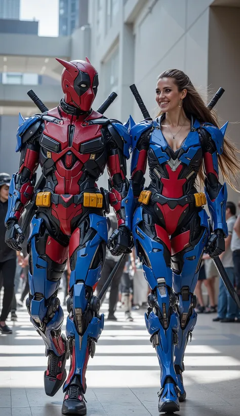 character: 1 man with mask full head. oung women With open chest.
action: Walk straight and look straight ahead.
Expression : smiling.
Costume : they Wearing futuristik red Deadpool with blue gundam armor. Each of them has two katana swords on their bac...
