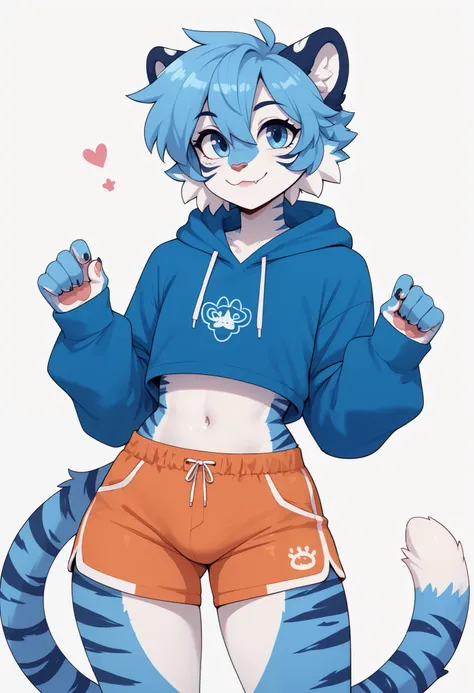 (Masterpiece) (High Detail) (High Res) A very short, slim, curvy and cute tiger Male with blue fur and fluffy blue tiger patterned fur and bright blue eyes and curvy effeminate shape and a thick fluffy stripy tiger tail and a flat chest and is wearing a cr...