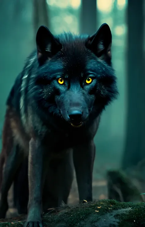 LUXURY BOOK COVER, cinematic, 8K , realistic, black wolf , seen from afar, shining golden eyes 1:1, cold color palette art style, stalking the viewer in the distance, Looking at the viewer,(the best quality, High Resolutions, realistic:1.37), ultra detaile...