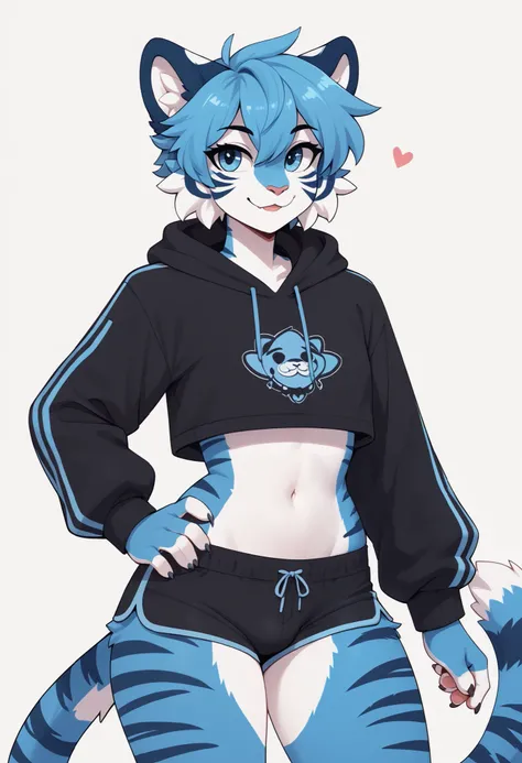 (Masterpiece) (High Detail) (High Res) A very short, slim, curvy and cute tiger Male with blue fur and fluffy blue tiger patterned fur and bright blue eyes and curvy effeminate shape and a thick fluffy stripy tiger tail and a flat chest and is wearing a cr...