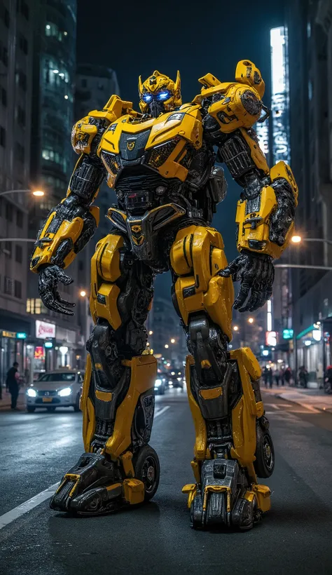 A stunning photorealistic depiction of a robot transformer, originally a Yellow Chevrolet Camaro with black racing stripes, standing amidst a night-time city street. The robot's armor exhibits exceptional detail, from the intricate paneling to the visible ...