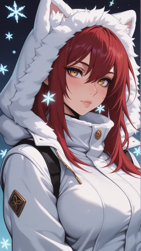 (TangoBat:0.7), 1 woman , adult , Jujutsu Kaisen , golden eyes , long hair , (red hair) , (medium breasts:0 .8) , petite , very cute , beautiful , solo , a soft, fluffy white winter jacket with hood, set against a light-blue background scattered with snowf...