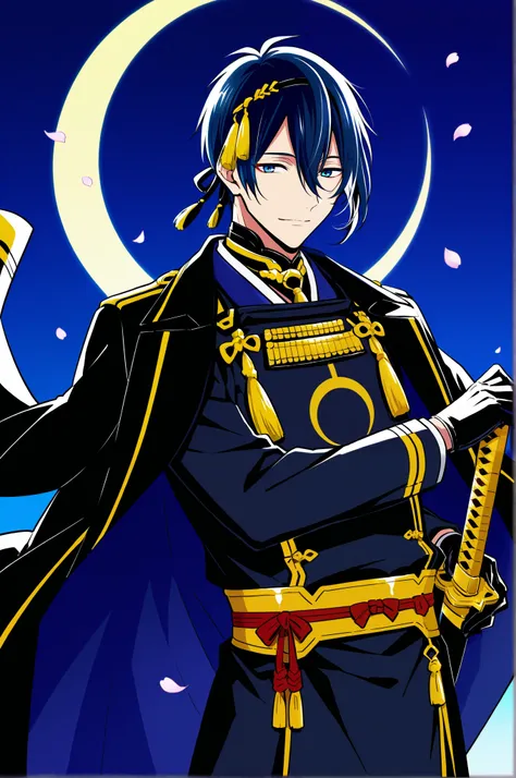 score_9,score_8_up,score_7_up,source_anime,1boy,male focus,mikazuki munechika,solo, blue hair, blue eyes with a yellow crescent moon, black military uniform, military suit, long black coat over the shoulders, sword,petals,katana