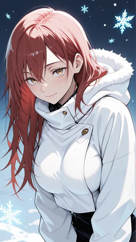 1 woman , adult , Jujutsu Kaisen , golden eyes , long hair , (red hair) , (medium breasts:0 . 8) , petite , very cute , beautiful , solo , a soft, fluffy white winter jacket with hood, set against a light-blue background scattered with snowflakes, and sho...