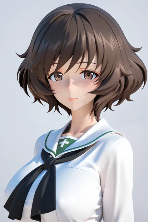 SFW, 8k, 3d , Masterpiece, very aesthetic, elegant mature woman, Akiyama Yukari (girl und panzer), empty white static background, looking at viewer, formal photo shot posture, white oarai school uniform, front view, upper body shot, face focus, slight Smil...