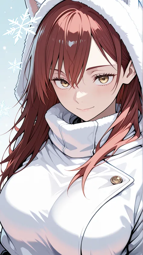 1 woman , adult , Jujutsu Kaisen , golden eyes , long hair , (red hair) , (medium breasts:0 . 8) , petite , very cute , beautiful , solo , a soft, fluffy white winter jacket with hood, set against a light-blue background scattered with snowflakes, and sho...