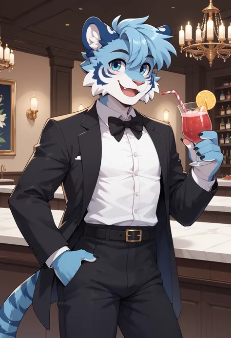 (Masterpiece) (High Detail) (High Res) A slim, curvy and cute tiger Male with blue fur and fluffy blue tiger patterned fur and bright blue eyes and curvy effeminate shape and a thick fluffy stripy tiger tail and a flat chest and thick thighs and wide hips....