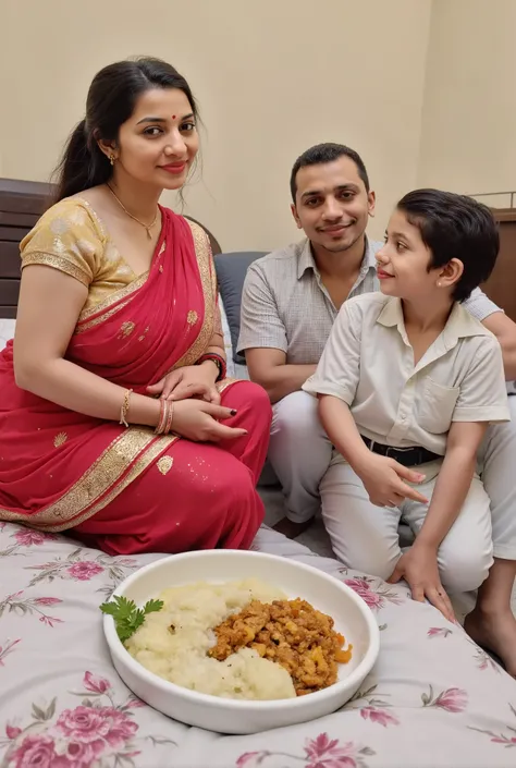 Indian couple in bedroom a weak young man and a sexy white skin woman, tall woman with fat thick curvy mom body physique, woman with a small black dot bindhi and red sindoor, woman with black ponytail hair, woman wearing (no saree) mini desgin gold border ...