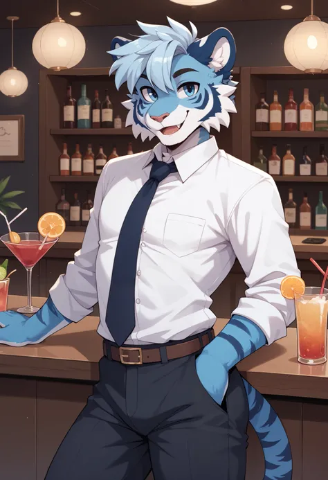 (Masterpiece) (High Detail) (High Res) A slim, curvy and cute tiger Male with blue fur and fluffy blue tiger patterned fur and bright blue eyes and curvy effeminate shape and a thick fluffy stripy tiger tail and a flat chest and thick thighs and wide hips....