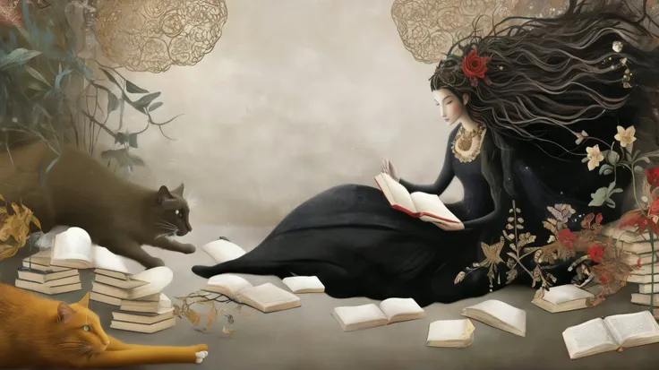 painting of a woman reading a book with a cat sitting next to her, whimsical art, story book art , woman and cat, beautiful and intricate painting, Fairy tale of witch,  intricate fantasy painting , magical realism and dark fantasy, dreamy art, whimsical s...