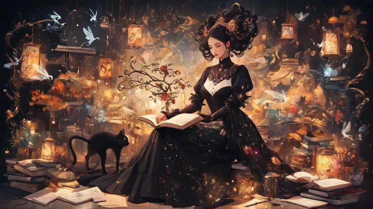 painting of a woman reading a book with a cat sitting next to her, whimsical art, story book art , woman and cat, beautiful and intricate painting, Fairy tale of witch,  intricate fantasy painting , magical realism and dark fantasy, dreamy art, whimsical s...