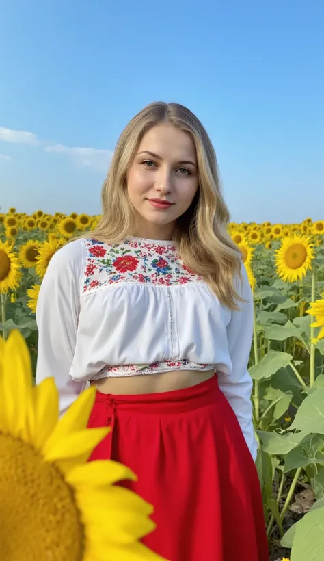 A 1.60m Ukrainian flat-chested long-haired blonde woman, wearing a traditional embroidered white blouse (vyshyvanka) and a red skirt, standing in a sunflower field under a bright blue sky. She gazes at the camera. No nudity.