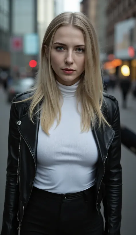 A 1.60m Ukrainian flat-chested long-haired blonde woman, wearing a black leather jacket over a white turtleneck in the street. She gazes at the camera. No nudity.