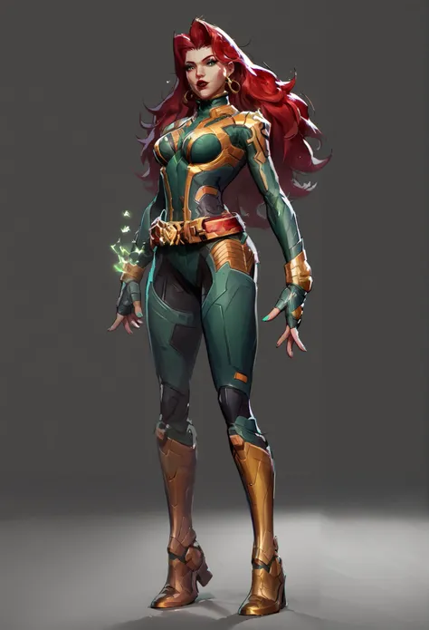 A 3D render of Jean Grey in a Marvel Rivals video game. She has long, flowing red hair and a vibrant green bodysuit with gold accents. The bodysuit has sleek, aerodynamic lines and includes a high collar, cut-out sections, and a golden belt with a stylized...