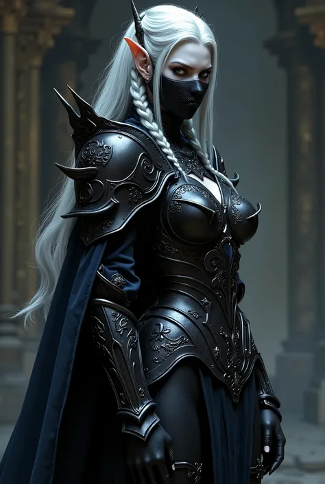The full-length character in the image is a dark and stately looking elf, wearing detailed and ornate armor. Her black armor has a gothic and aggressive design, with sharp plates and complex carvings, Covering your shoulders , arms and torso. The costume ...