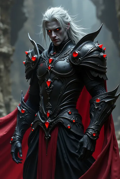The image portrays an imposing and mysterious male character, with striking features and a dark fantasy look. He has dark gray skin, piercing red eyes and long silver hair, wildly styled, reinforcing his intimidating and noble aura.
He wears highly detail...