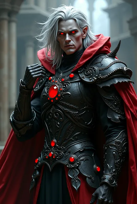 The image depicts an imposing and mysterious male character, with striking features and a dark fantasy look. He has dark gray skin, piercing red eyes and long, silver hair, styled in a wild manner, reinforcing his intimidating and noble aura. He wears high...