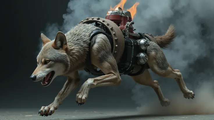 The image features a surreal fusion of a wild creature, combining the fierce head and front legs of a gas-powered running wolf with the robust back legs of a mechanical contraption. The wolf's fierce gaze is accentuated by the glint of metal, while its mus...