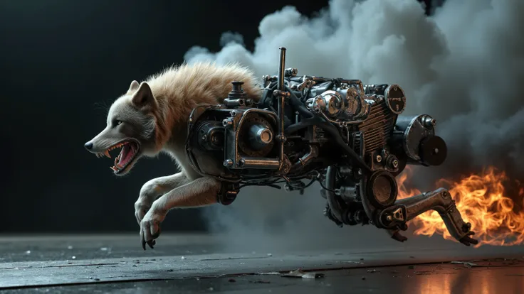 The image features a surreal fusion of a wild creature, combining the fierce head and front legs of a gas-powered running wolf with the robust back legs of a mechanical contraption. The wolf's fierce gaze is accentuated by the glint of metal, while its mus...