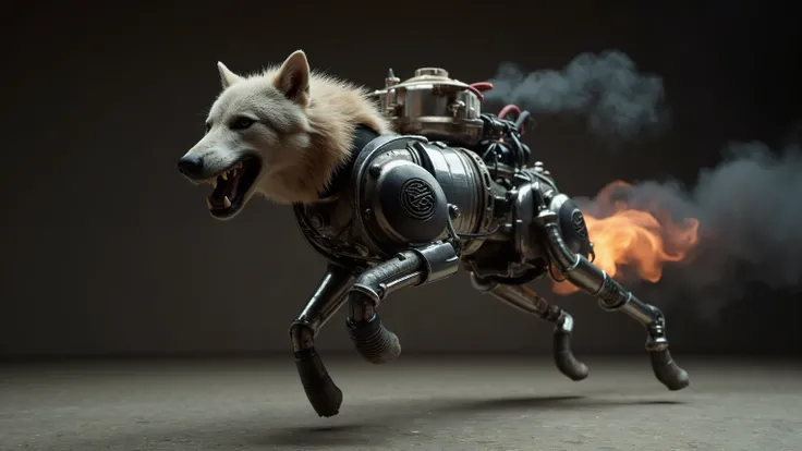 The image features a surreal fusion of a wild creature, combining the fierce head and front legs of a gas-powered running wolf with the robust back legs of a mechanical contraption. The wolf's fierce gaze is accentuated by the glint of metal, while its mus...