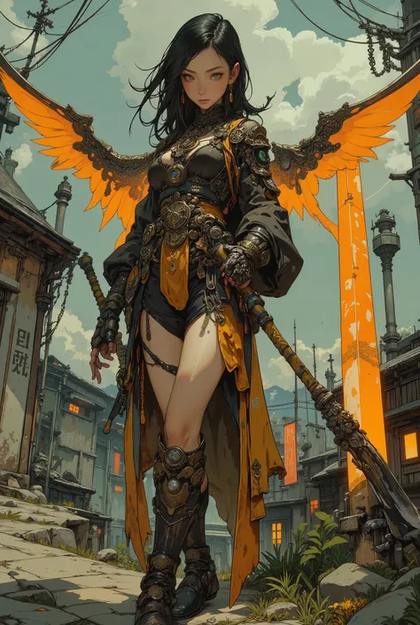An extremely skinny korean female warrior in a final fantasy style world, she has an enormous fantasy style blade on her back made from amber crystal, she is wearing fantasy style micro thong and she has many medalions and gems, she is a wizard, HD, 8k,
