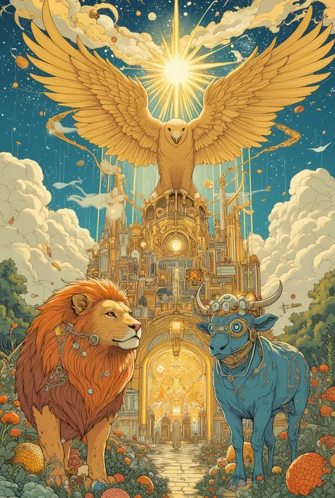 Under the blue sky there is a golden city with transparent gates under a bright star, there is a garden in that city, all herbs and flowers, animals of unprecedented beauty walk there, you will be greeted there by a fiery lion and a blue ox full of eyes, w...